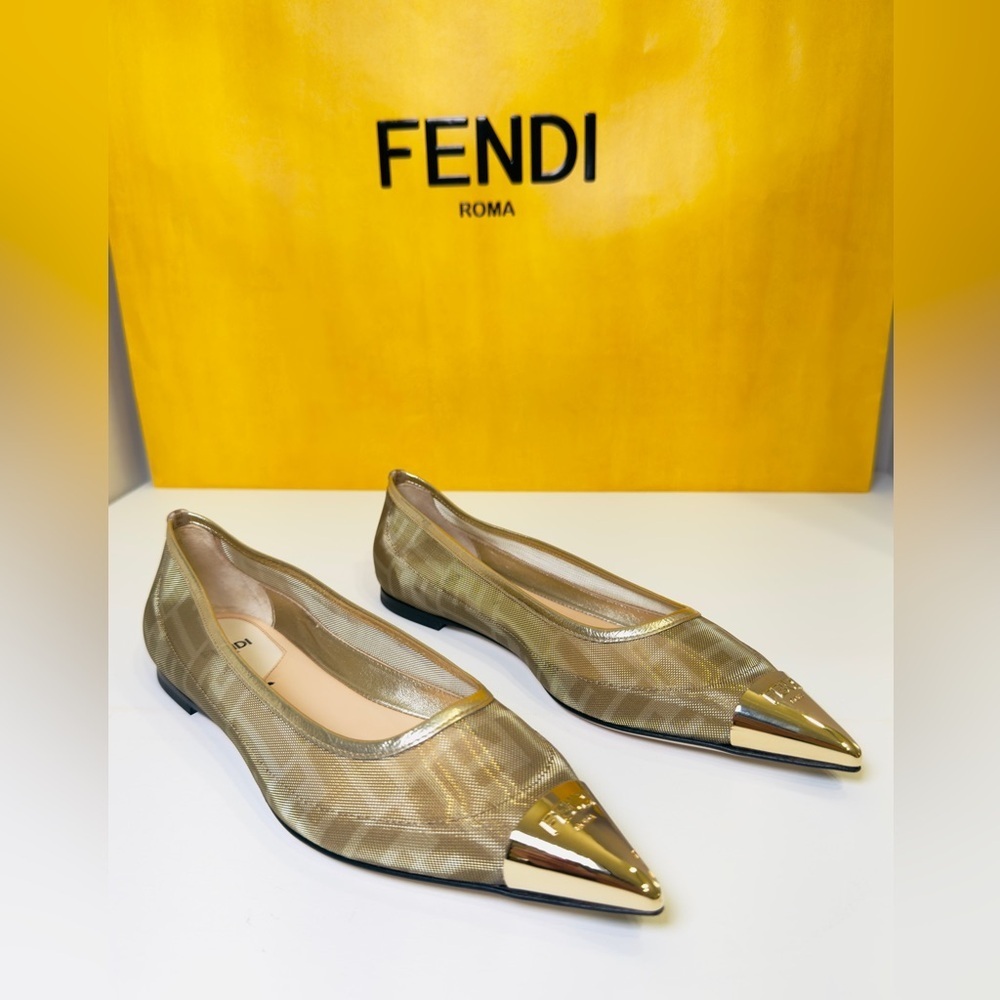 Fendi Colibri FF Mesh Ballerina Flats Gold Pointed Logo Engraved Metal Size 37 - Picture 5 of 15